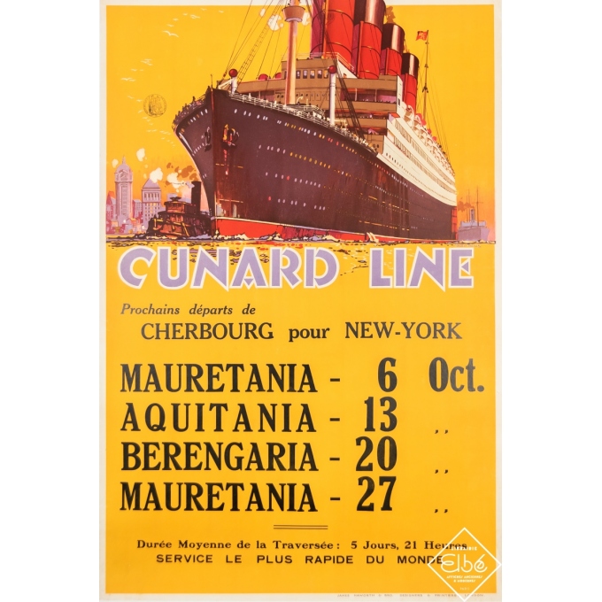Affiche ancienne de voyage - Walter Thomas - Circa 1925 - Cunard Line - Cherbourg pour New York - 75,5 par 51 cm