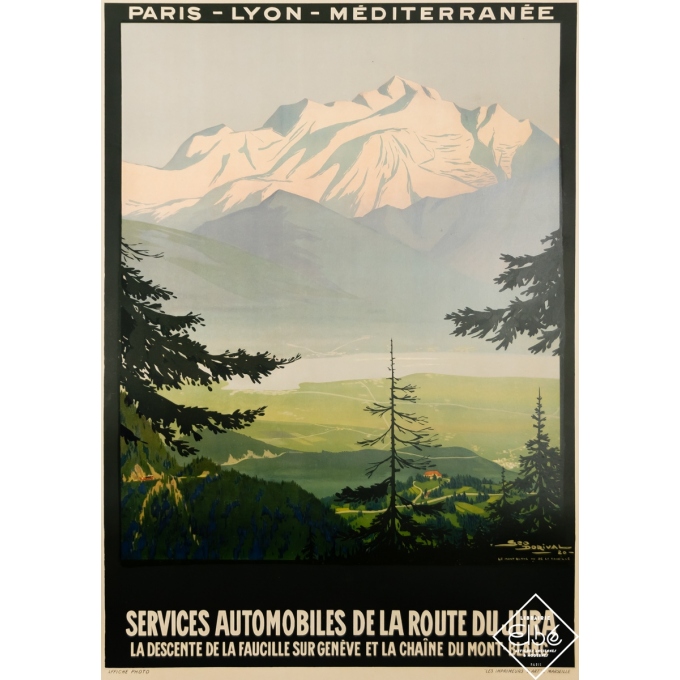 Affiche ancienne de voyage - Geo Dorival - 1920 - Services Automobiles de la Route du Jura - PLM - 107 par 78 cm