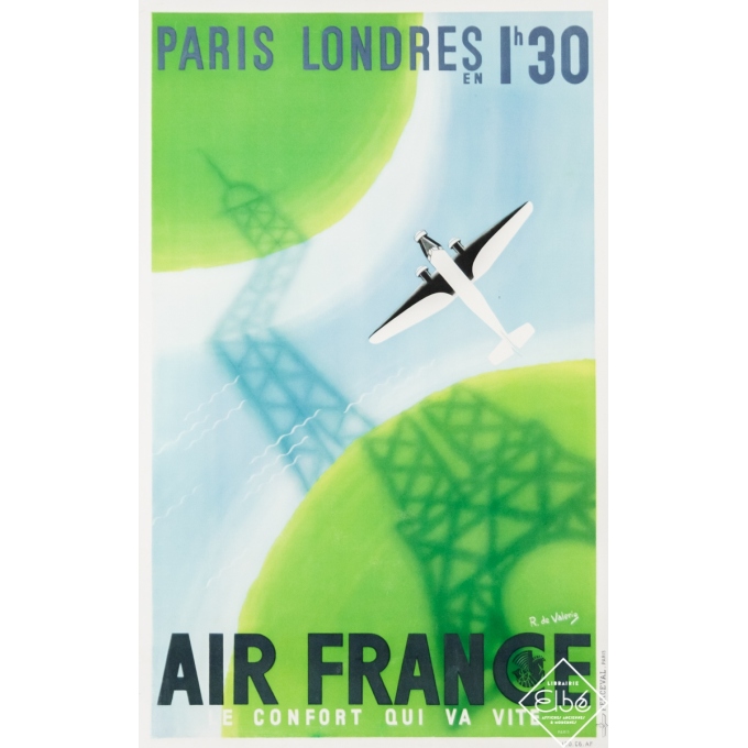 Affiche ancienne de voyage - R. De Valerio - 1938 - Air France - Paris Londres - 50 par 31 cm