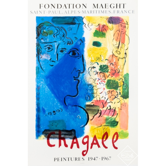 Affiche ancienne d'exposition - Chagall - 1967 - Fondation Maeght - Chagall - Peintures 1947 - 1967 - 86 par 58 cm