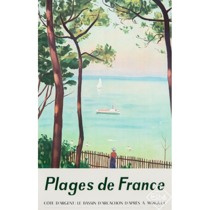 Affiche ancienne de voyage d'après A. Marquet - Circa 1950 - Plages de France - Côte d'Argent - Arcachon - 99 par 63 cm