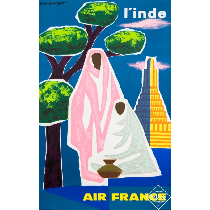 Affiche ancienne de voyage - Guy Georget - 1963 - Air France - l'Inde - 100 par 63 cm