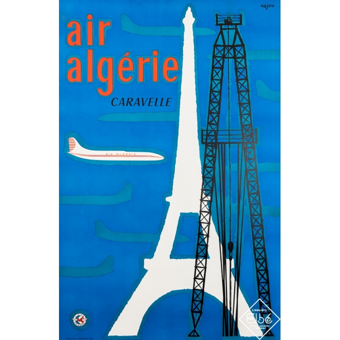 Affiche ancienne de voyage - Najou - Circa 1950 - Air Algérie Caravelle - 99,5 par 64,5 cm