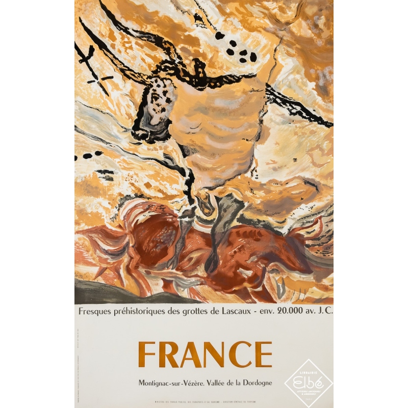 Affiche ancienne de voyage - 1955 - Fresques préhistoriques des grottes de Lascaux - 99 par 62 cm