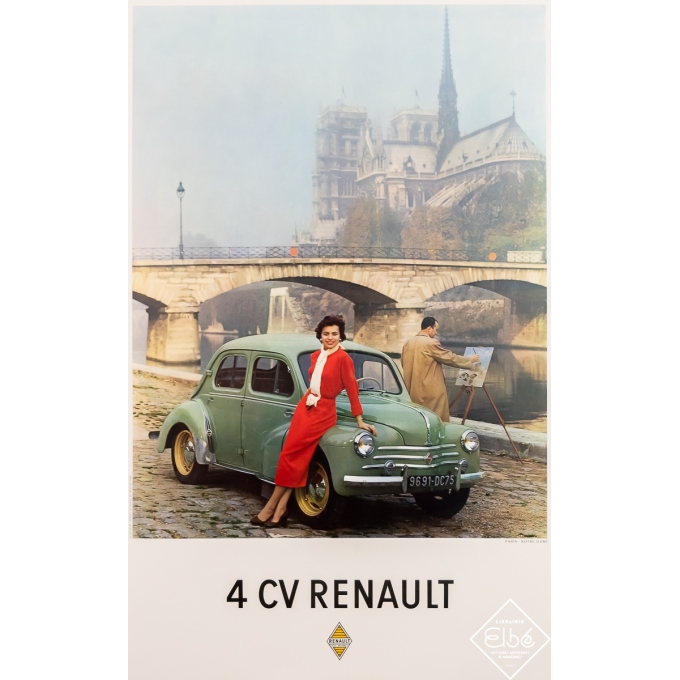 Affiche ancienne de publicité - Circa 1950 - 4 CV Renault - 99,5 par 63 cm