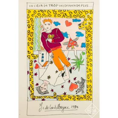 Vintage exhibition poster - d'après Castel Bajac - 1985 - Un coeur de trop un souvenir de plus - 40,2 by 27,6 inches