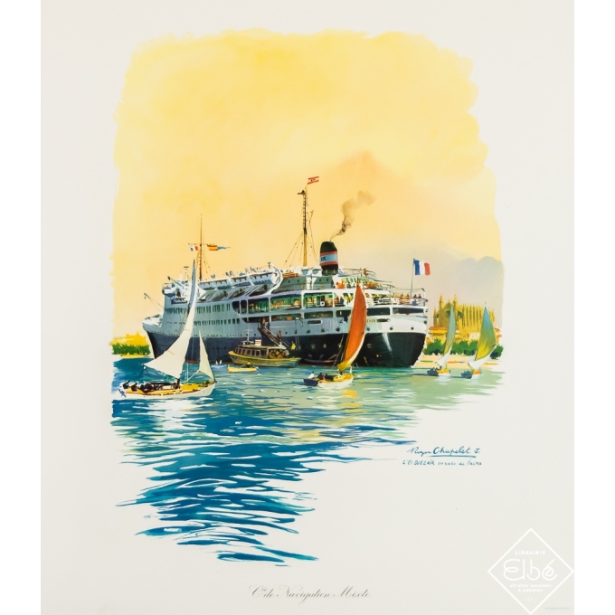 Vintage travel poster - Roger Chapelet - Circa 1950 - Compagnie de navigation mixte - 18,1 by 15,8 inches