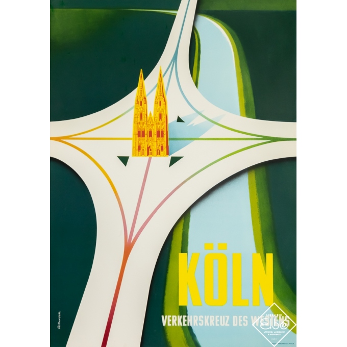 Vintage travel poster - R. Hauser - Circa 1950 - Köln - Verkehrskreuz des Westens - 33,1 by 23,6 inches