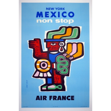 Affiche ancienne de voyage - Jean Colin - 1957 - Air France - Mexico - 100 par 63,5 cm