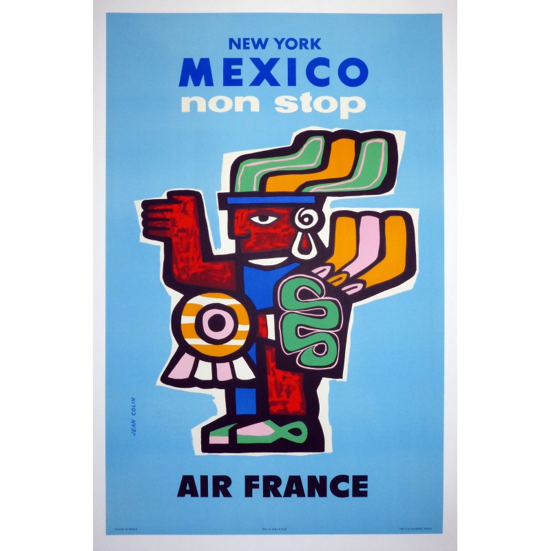 Affiche ancienne de voyage - Jean Colin - 1957 - Air France - Mexico - 100 par 63,5 cm