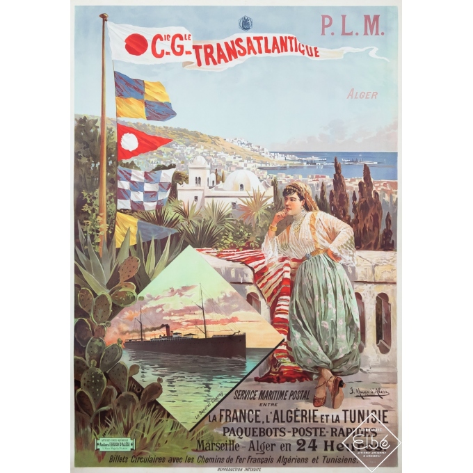 Affiche ancienne de voyage - François Hugo d'Alési - Circa 1900 - Compagnie Générale Transatlantique - PLM - 107,5 par 75 cm Affiche ancienne de voyage - François Hugo d'Alési - Circa 1900 - Compagnie Générale Transatlantique - PLM - 107,5 par 75 cm