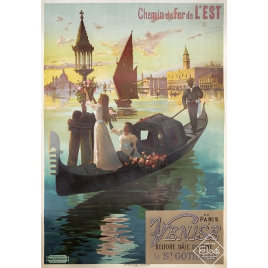 Affiche ancienne de voyage - François Hugo d'Alési - Circa 1900 - Chemin de Fer de l'Est - Paris Venise - 107,5 par 74 cm