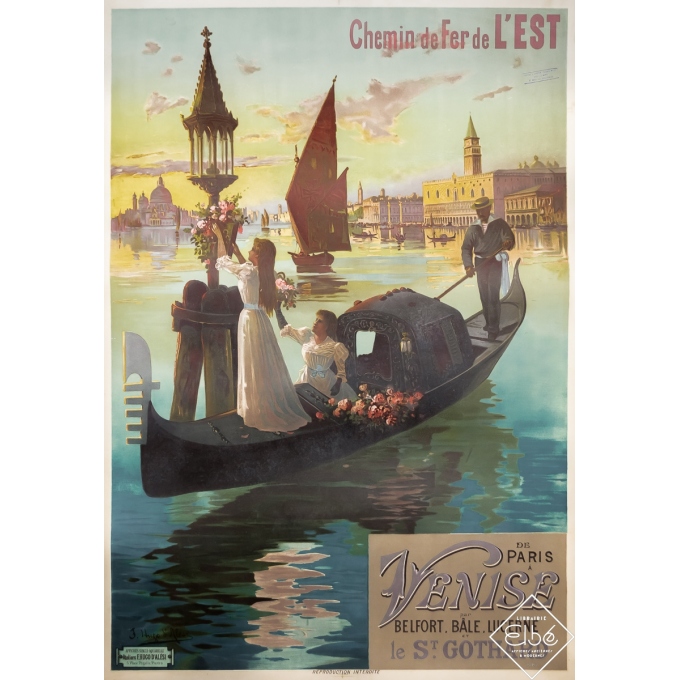 Affiche ancienne de voyage - François Hugo d'Alési - Circa 1900 - Chemin de Fer de l'Est - Paris Venise - 107,5 par 74 cm
