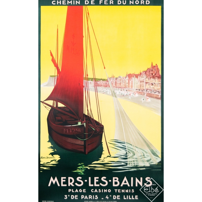 Vintage travel poster - Mers-les-Bains - Plage Casino Tennis - Geo Dorival - 1911 - 39 by 25.2 inches