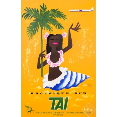Vintage travel poster - TAI Pacifique Sud - Hervé Morvan - Circa 1955 - 39.4 by 25.2 inches
