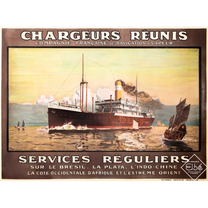 Affiche ancienne - Chargeurs Réunis - Compagnie Française de Navigation à Vapeur - Circa 1920 - 89.5 par 121 cm