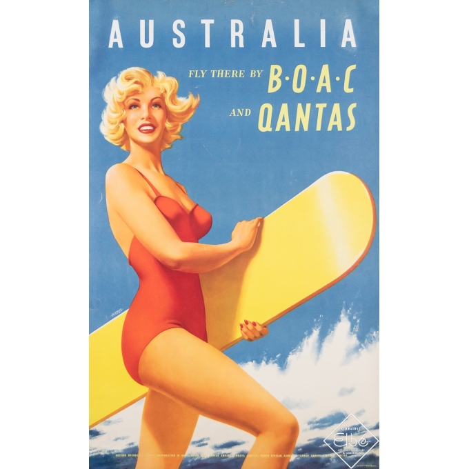 Affiche ancienne de voyage - Australia - BOAC - QANTAS - Surf - Circa 1955 - 100 par 63 cm