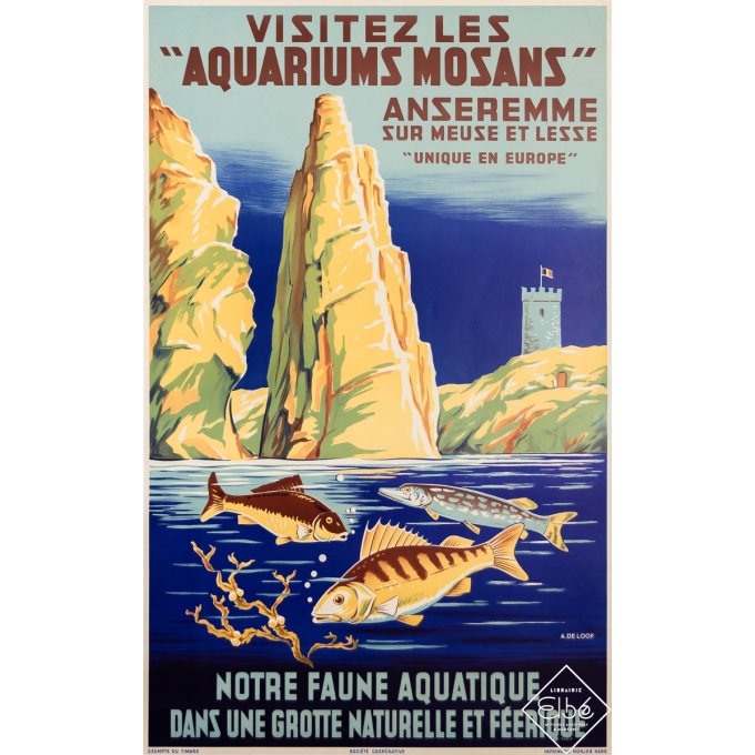 Affiche ancienne originale - Visitez les "Aquariums Mosans" - A. de Loof - 1938 - 99 par 61 cm