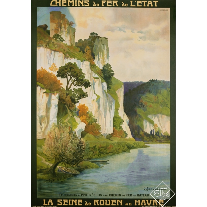 Affiche ancienne de voyage - La Seine de Rouen au Havre - Julien Lacaze - 1911 - 105 par 74 cm