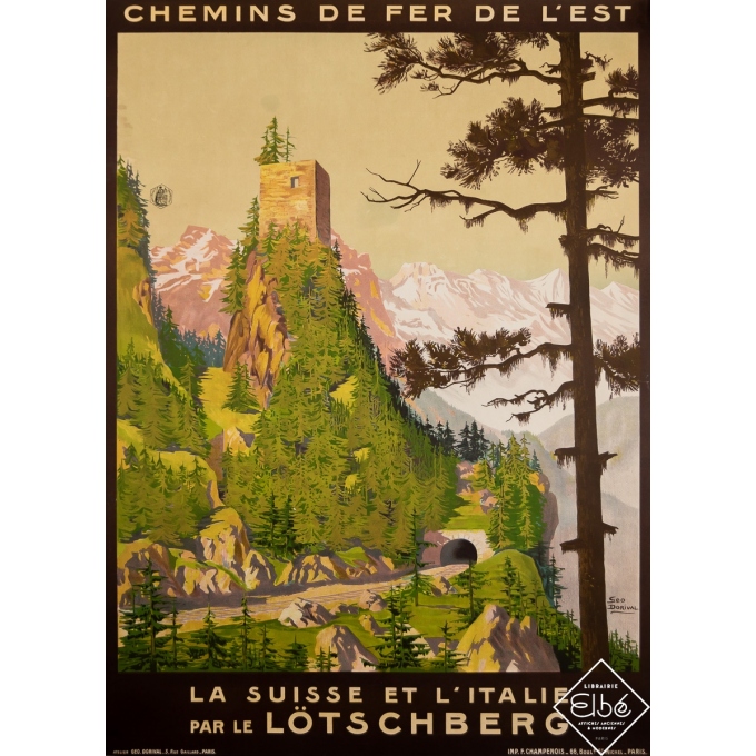 Affiche ancienne de voyage - La Suisse et l'Italie par le Lötschberg - Geo Dorival - Circa 1910 - 103.5 par 75.5 cm