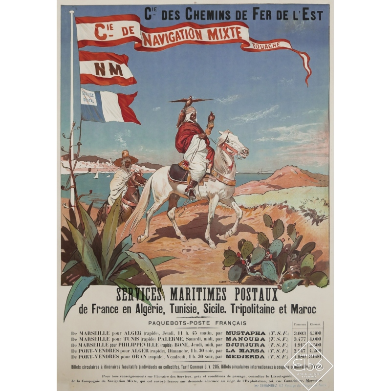 Affiche ancienne de voyage - Services Maritimes Postaux - Touache - Geo Stott - Circa 1910 - 106 par 76.5 cm