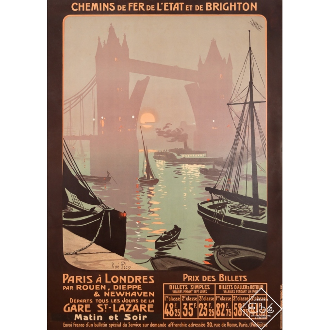 Affiche ancienne de voyage - Chemins de Fer de l'Etat et de Brighton - Paris Londres - René Péan - 1911 - 104.5 par 75 cm