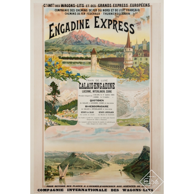 Affiche ancienne de voyage - Engadine Express - Henry Mouren - 1904 - 107 par 76 cm Affiche ancienne de voyage - Engadine Express - Henry Mouren - 1904 - 107 par 76 cm
