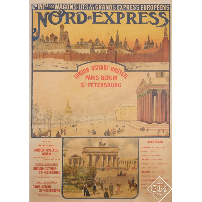 Affiche ancienne de voyage - Nord-Express Cie Intle des Wagons-Lits et des Grands Express Européens - 1899 - 124 par 88 cm