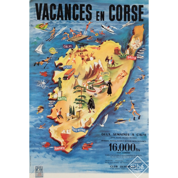 Affiche ancienne de voyage - Vacances en Corse - G. Allard - Circa 1960 - 58 par 40 cm