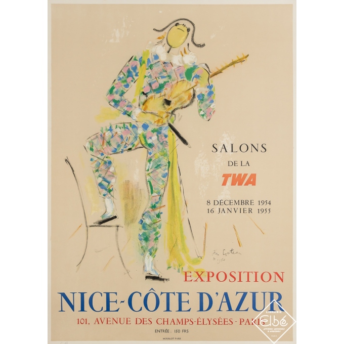 Affiche ancienne originale - Exposition - Nice-Côte d'Azur - Salons de la TWA - Jean Cocteau - 1954 - 70 par 51.5 cm