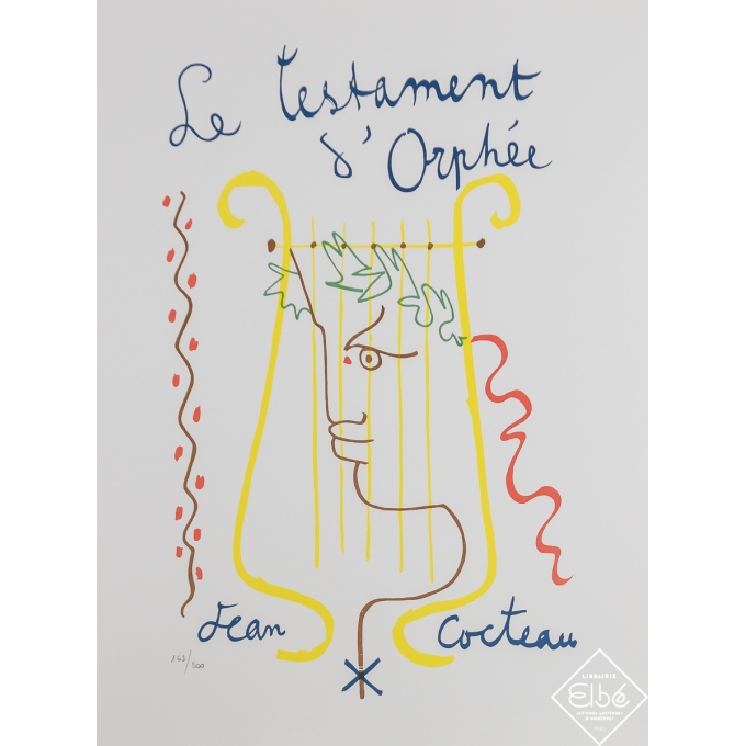 Affiche ancienne d'exposition - Le Testament d'Orphée - Tirage sur papier Vélin d'Arches - Jean Cocteau - Circa 1970 - 65 par 50