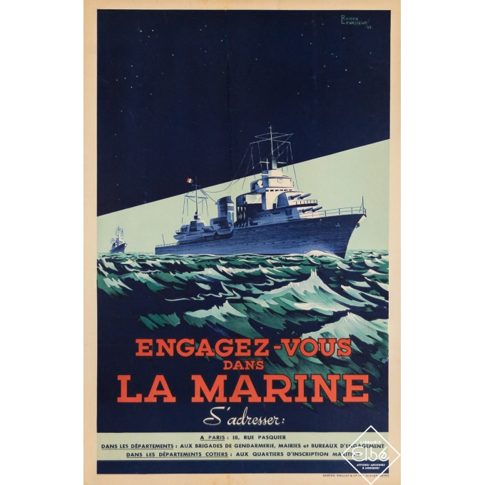 Affiche ancienne de publicité - Engagez-Vous dans la Marine - Roger Levasseur - 1942 - 49.5 par 32.5 cm