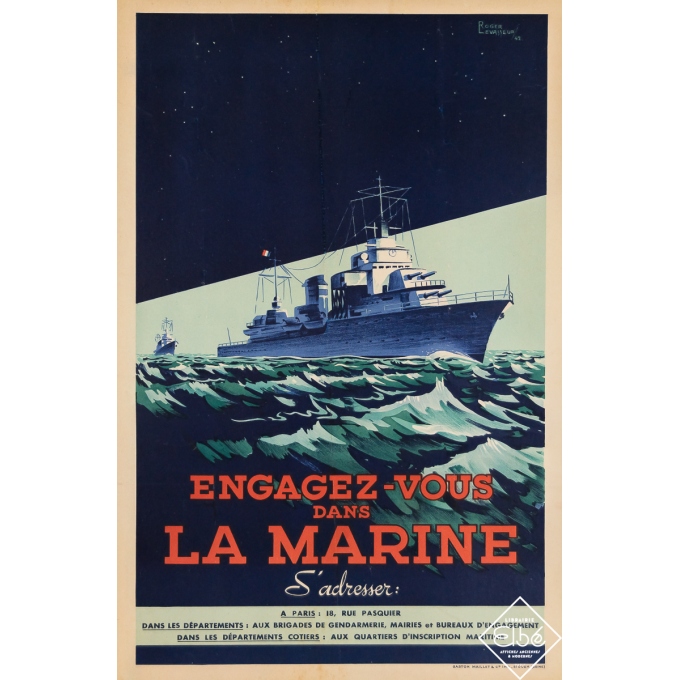 Vintage advertisement poster - Engagez-Vous dans la Marine - Roger Levasseur - 1942 - 19.5 by 12.8 inches