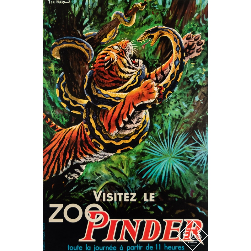Affiche ancienne de publicité - Visitez le Zoo Pinder - Tony Bernart - Circa 1960 - 55 par 36.5 cm