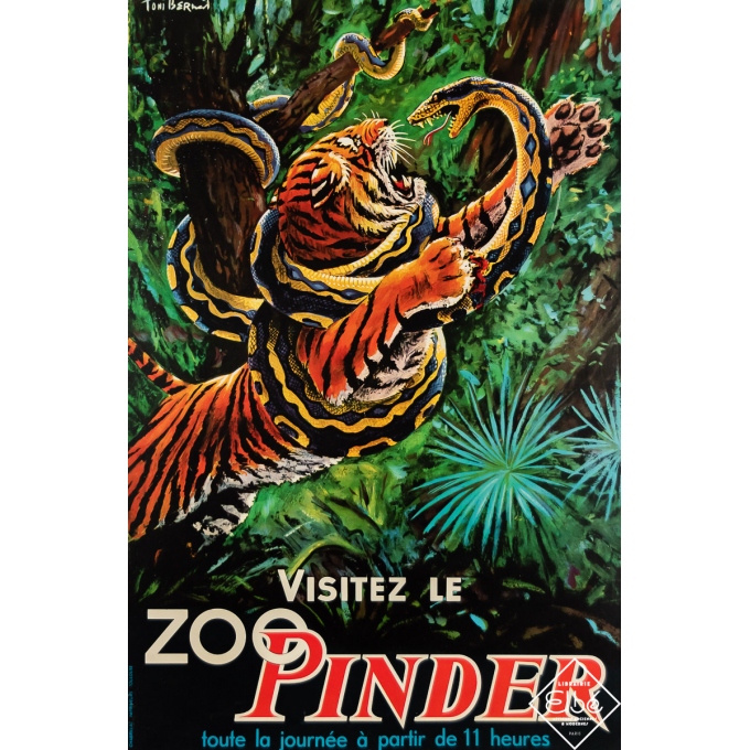 Affiche ancienne de publicité - Visitez le Zoo Pinder - Tony Bernart - Circa 1960 - 55 par 36.5 cm