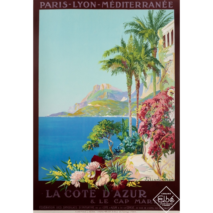 Affiche ancienne de voyage - La côte d'Azur - Le Cap Martin - Julien Lacaze - Circa 1910 - 109 par 78.5 cm