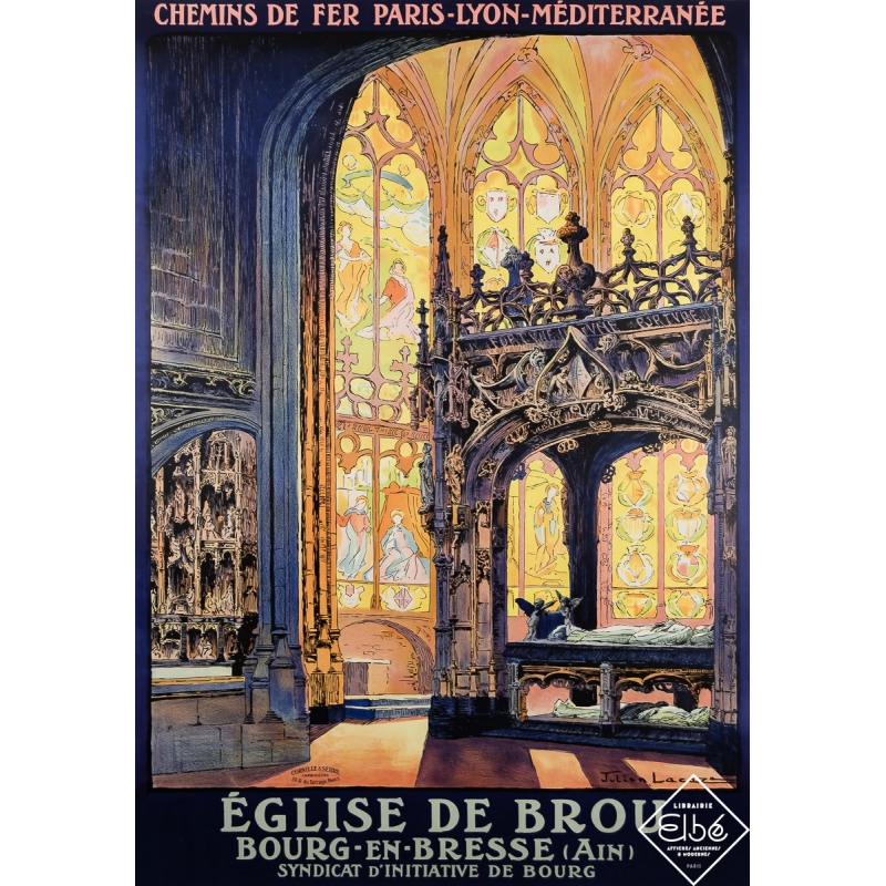 Affiche ancienne de voyage - Eglise de Brou - Bourg-en-Bresse - Chemins de Fer PLM - Julien Lacaze - Circa 1910 - 109 par 78 cm
