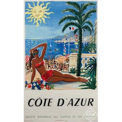 Affiche ancienne de voyage - Côte d'Azur - Hervé Baille - 1949 - 99.5 par 62.5 cm