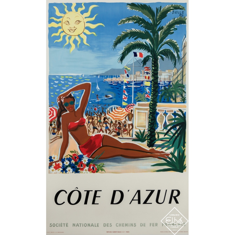 Vintage travel poster - Côte d'Azur - Hervé Baille - 1949 - 39.2 by 24.6 inches