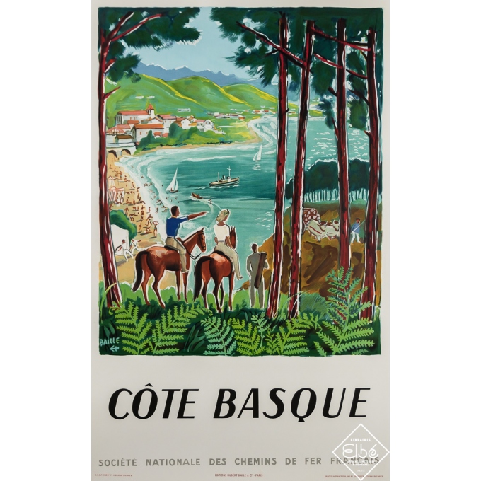 Affiche ancienne de voyage - Côte Basque - SNCF - Hervé Baille - 1950 - 100 par 63 cm