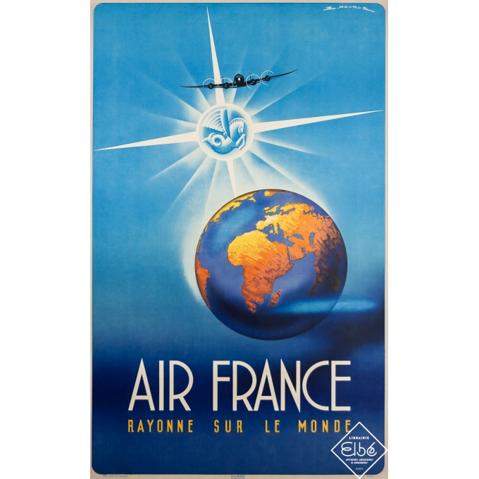 Affiche ancienne de voyage - Air France Rayonne sur le Monde - E. Maurus - 1946 - 99.5 par 62.5 cm