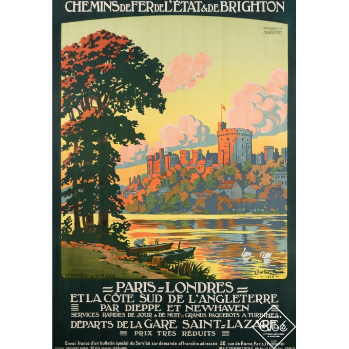 Affiche ancienne de voyage - Paris - Londres - Le Chateau de Windsor - Constant Duval - 1913 - 104 par 73 cm
