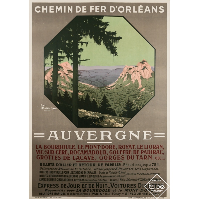 Affiche ancienne de voyage - Auvergne - Mont d'Ore - Chemin de Fer d'Orléans - Geo Dorival - 1911 - 104 par 74 cm