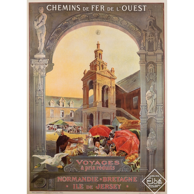 Affiche ancienne de voyage - Normandie - Bretagne - Ile de Jersey - Rouen - H. Toussaint - Circa 1910 - 110 par 79 cm