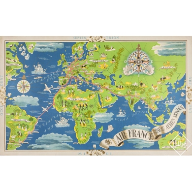Affiche ancienne de voyage - Air France - Réseau Aérien Mondial - Planisphère - Lucien Boucher - 1934 - 61 par 99 cm