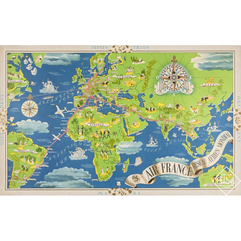 Affiche ancienne de voyage - Air France - Réseau Aérien Mondial - Planisphère - Lucien Boucher - 1934 - 61 par 99 cm