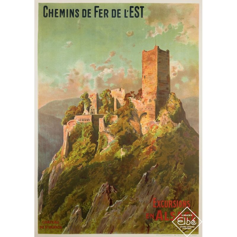 Vintage travel poster - Excursions en Alsace - Château de St Ulrich - Louis Tauzin - Circa 1910 - 41.5 by 29.5 inches