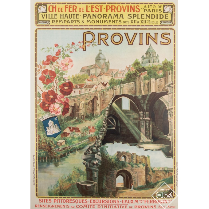 Affiche ancienne de voyage - Provins - Chemins de Fer de l'Est - Louise Pigassou Dolques - 1910 - 107 par 75 cm
