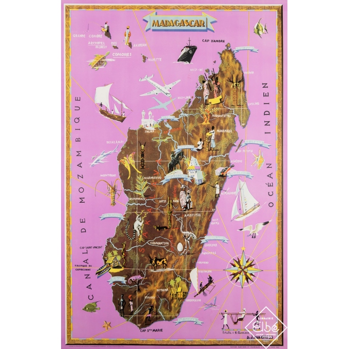 Affiche ancienne de voyage - Madagascar - D.J. Allonsius - 1953 - 99.5 par 67 cm