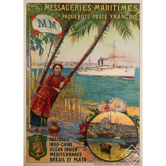 Affiche ancienne de voyage - Compagnie des Messageries Maritimes - Australie Océan Indien - Dellepiane - 1920 - 107 par 76 cm